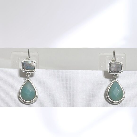 Vtg Ken Craft Earrings Dangle Mother of Pearl Inlay Teardrop Blue Faceted Stone - Picture 1 of 11